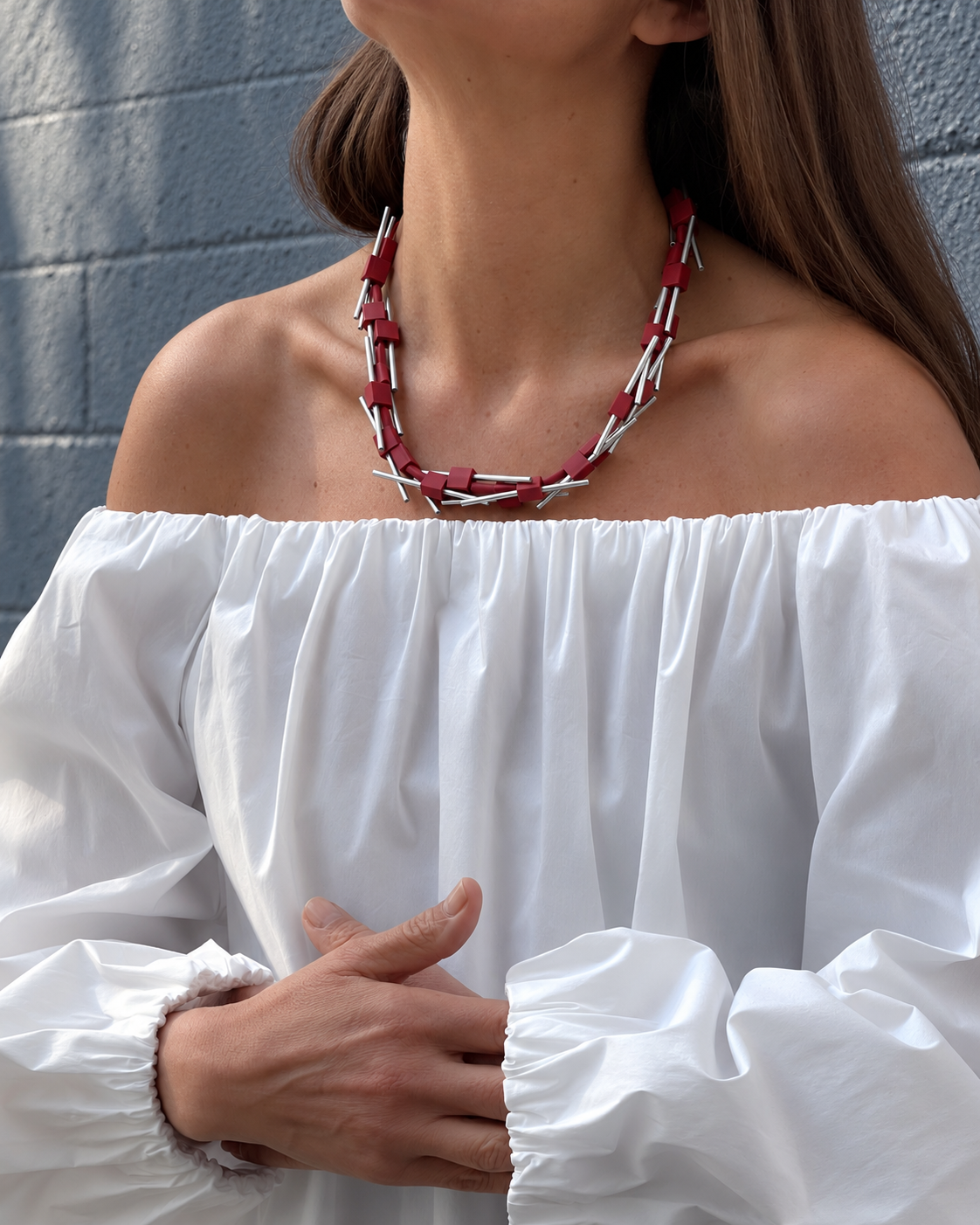 Woman wearing Pasqua Rhodium Necklace