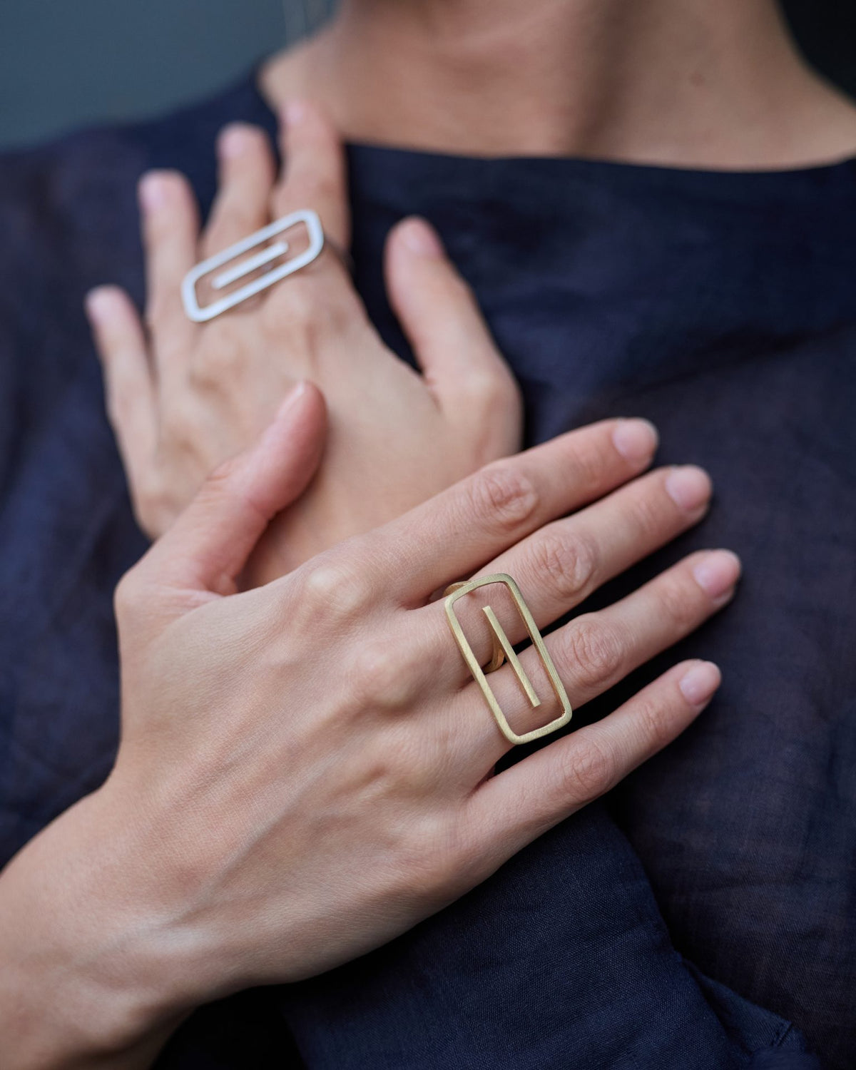 Aria Satin Rhodium ring in 925 sterling silver, worn