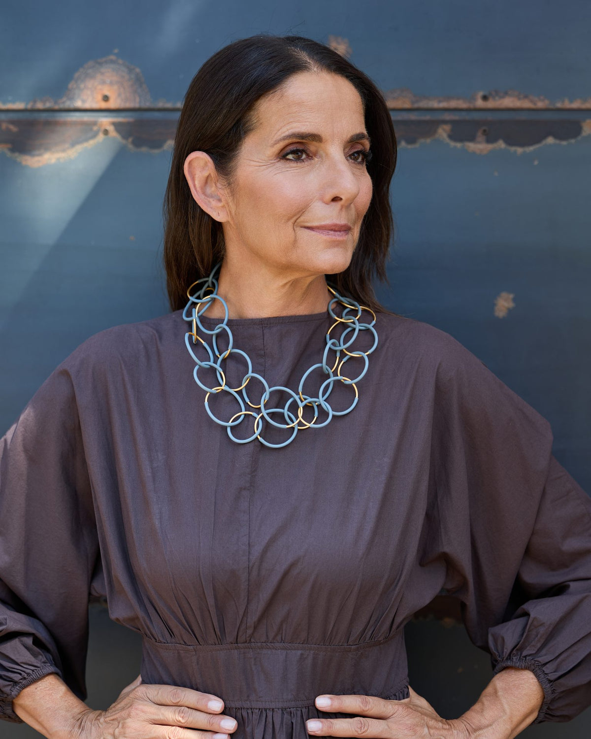 Woman wearing Eclissi Long Gold Necklace