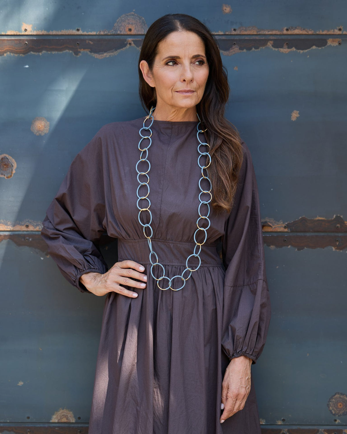 Woman wearing Eclissi Long Gold Necklace
