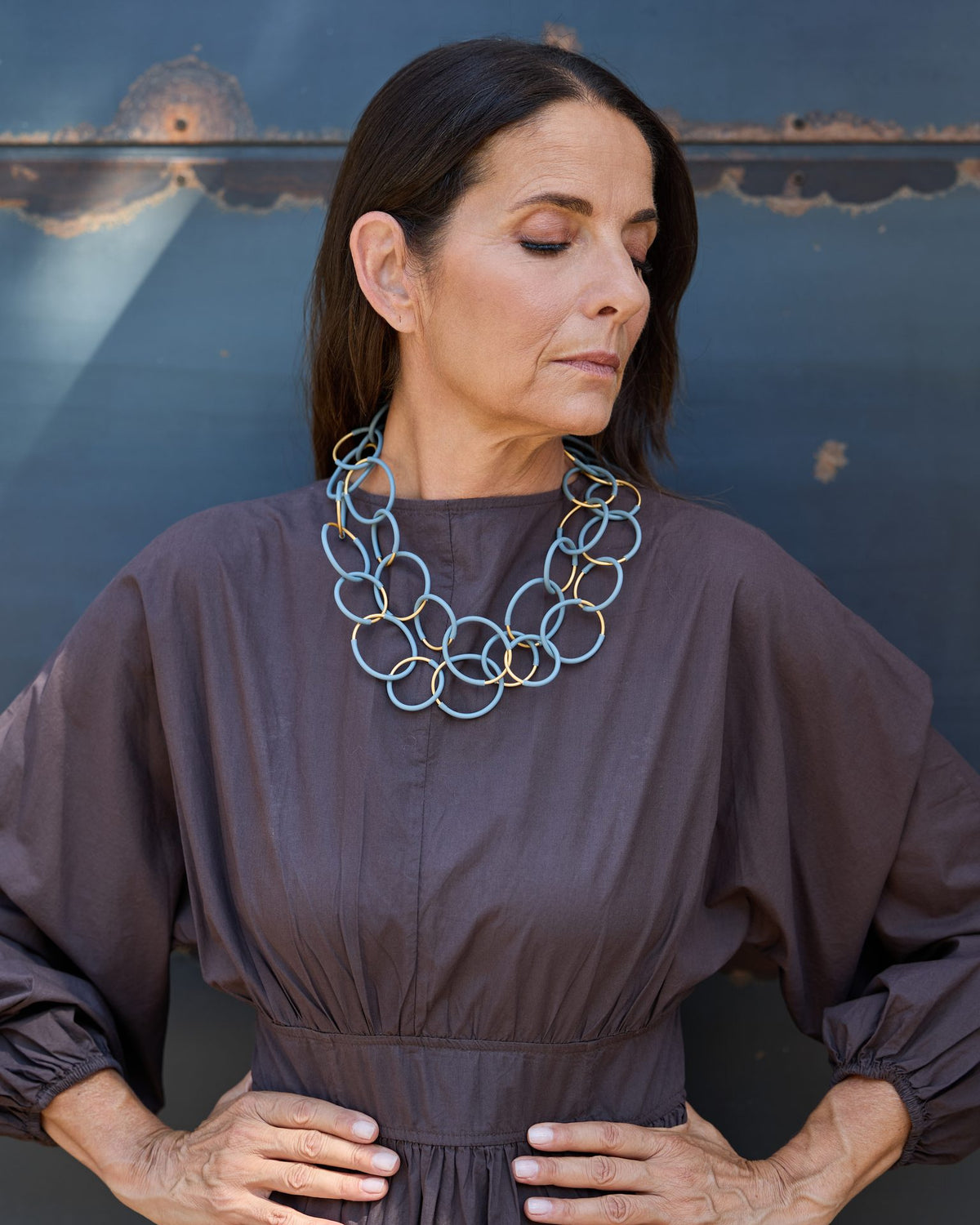 Woman wearing Eclissi Long Gold Necklace