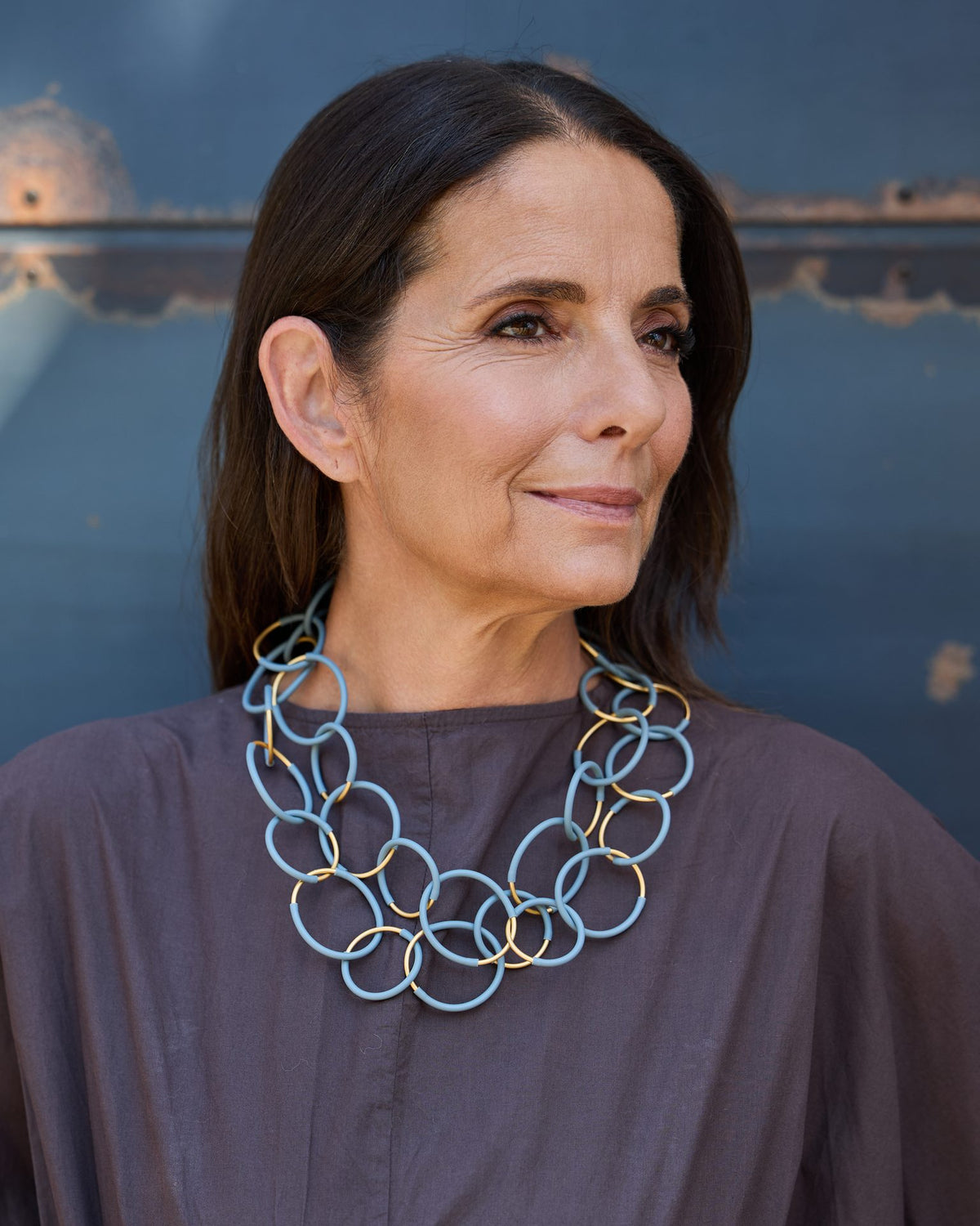 Woman wearing Eclissi Long Gold Necklace