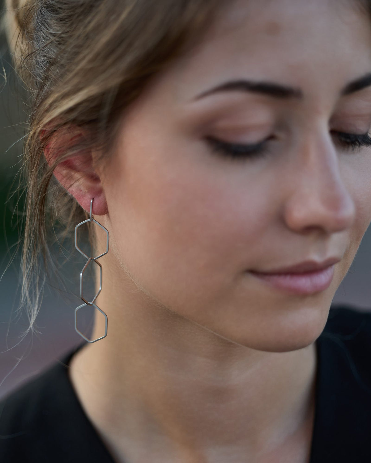 Esa 3 Rhodium earrings in 925 sterling silver, worn, close-up on the ear